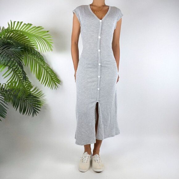 Vintage Gray Casual Coastal Chic Striped Short Sleeve Button Up Midi Dress / S - Picture 4 of 4
